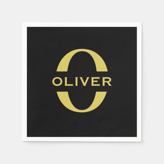 Monogramm und Name Schwarz und Gold Personalisiert Serviette (Vorderseite)