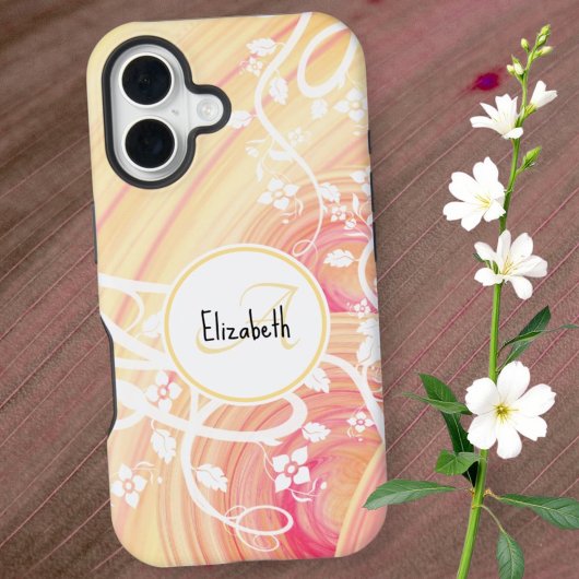 Monogramm und Name Weiße Blüte auf Pink und Pfirsi iPhone 16 Hülle