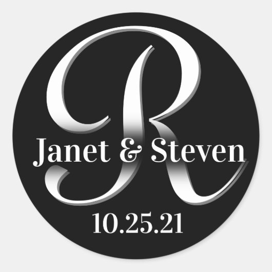Monogramm und Namen Schwarz und Weiß Runder Aufkleber (Vorderseite)