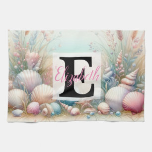Monogramm und Namens-Typografie auf Aquarellblumen Geschirrtuch