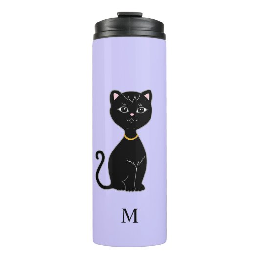 Monogramm und Niedliche Schwarze Katze auf Lichter Thermosbecher (Vorderseite)