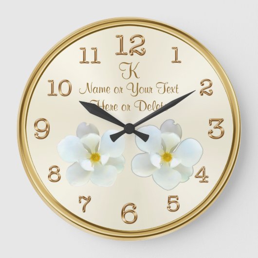 Monogramm und Personalisierte Magnolia-Uhr Große Wanduhr (Vorderseite)