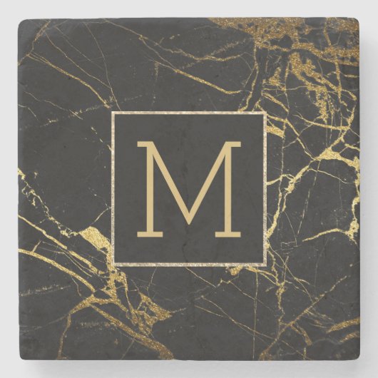 Monogramm-Untersetzer aus schwarzem Marmor Steinuntersetzer (Vorderseite)