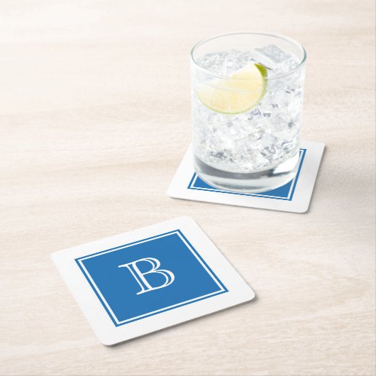 Monogramm-Untersetzer für blaues Quadrat Rechteckiger Pappuntersetzer (Vor Ort)