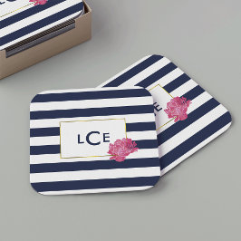 Monogramm-Untersetzer für Navy Strip und Pink Peon Rechteckiger Pappuntersetzer