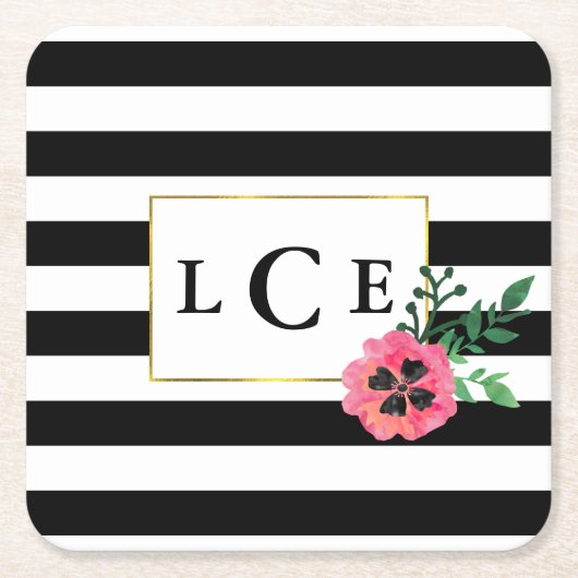 Monogramm-Untersetzer für Schwarzes Streifen und R Rechteckiger Pappuntersetzer (Vorderseite)