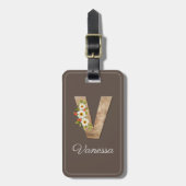 Monogramm V braunes Holz Buchstabe Blumen Gepäckan Gepäckanhänger (Vorderseite vertikal)