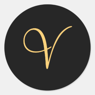 Monogramm V, goldfarbener Initial V auf schwarz, Runder Aufkleber
