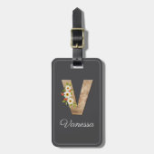 Monogramm V graues Holz-Buchstaben-Blumen-Gepäckan Gepäckanhänger (Vorderseite vertikal)