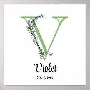 Monogramm V Lavendel-Eukalyptus-Kinderzimmerplakat Poster