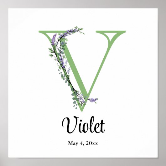 Monogramm V Lavendel-Eukalyptus-Kinderzimmerplakat Poster (Vorne)