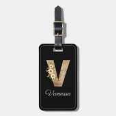 Monogramm V schwarzes Holz-Buchstaben-Blumen-Gepäc Gepäckanhänger (Vorderseite vertikal)