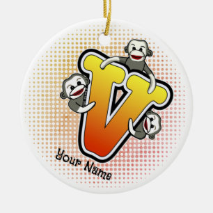 Monogramm V Sock Monkey Keramik Ornament