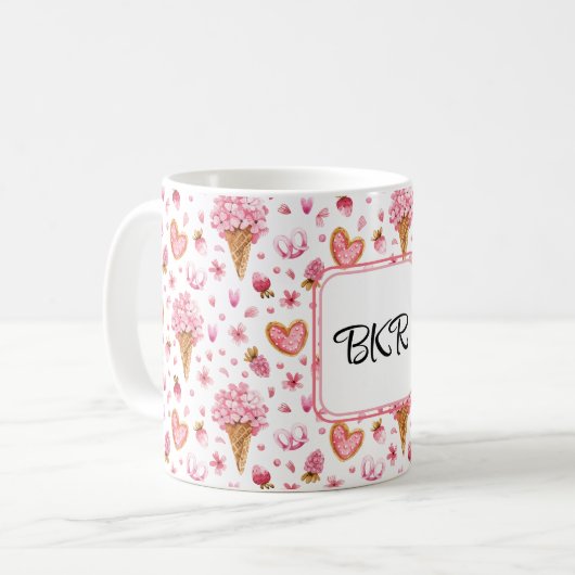 Monogramm, Valentine Candy & Hydrangea Muster 11oz Kaffeetasse (Vorderseite Links)