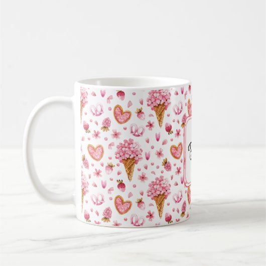 Monogramm, Valentine Candy & Hydrangea Muster 11oz Kaffeetasse (Links)