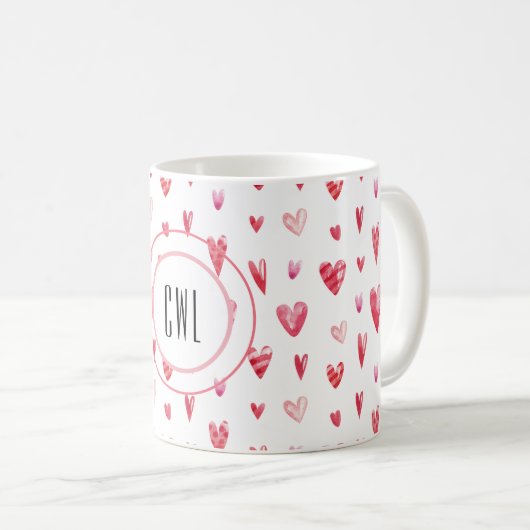 Monogramm, Valentinherz Muster 11oz Kaffeetasse (VorderseiteRechts)