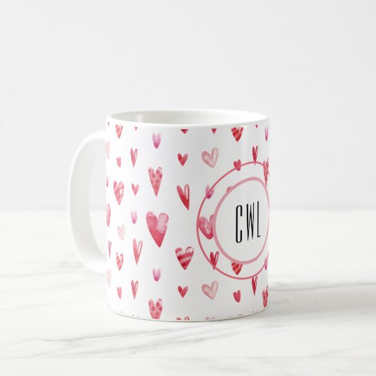 Monogramm, Valentinherz Muster 11oz Kaffeetasse (Vorderseite Links)