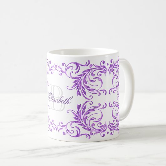Monogramm-Veilchen-Damast Kaffeetasse (VorderseiteRechts)