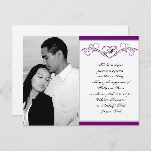 Monogramm-Verlobung für Lila und Silbertabletten Einladung (Vorne/Hinten)