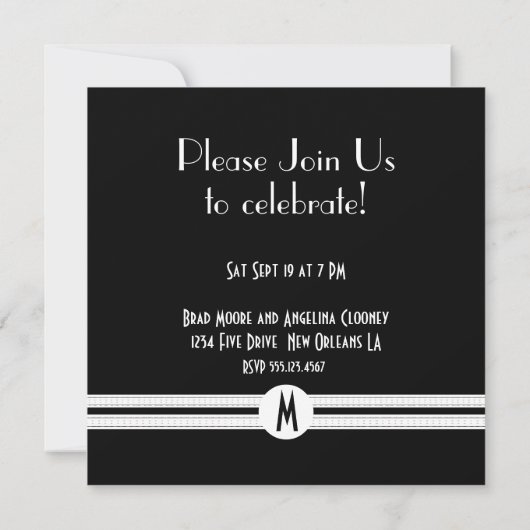 Monogramm-Verlobung in Schwarz-Weiß-Art-Déco Einladung (Rückseite)