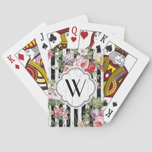 Monogramm-verwitterter schwarzer Blumenstreifen Spielkarten (Rückseite)
