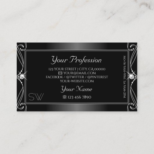 Monogramm Verzierte schwarze und weiße Karo-Karo Visitenkarte (Rückseite)