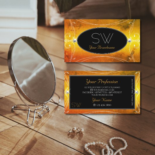 Monogramm Verzierter schwarzer Orange-Diamanten Visitenkarte