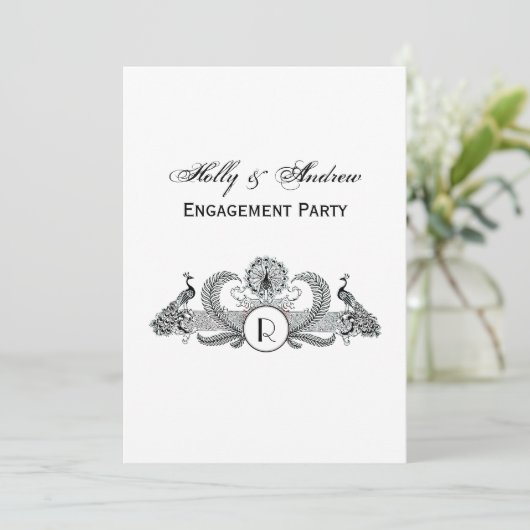 Monogramm Vintag Peacocks Einladung (Stehend Vorderseite)