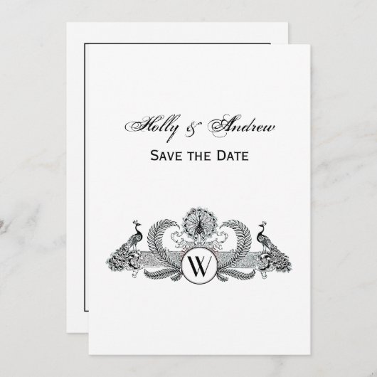 Monogramm Vintag Peacocks Einladung (Vorne/Hinten)