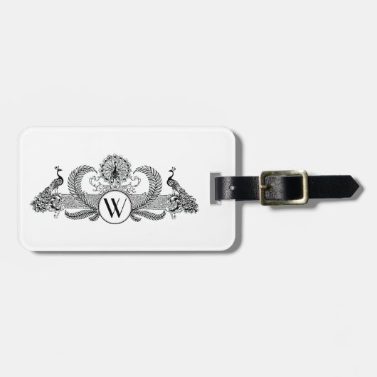 Monogramm Vintag Peacocks Gepäckanhänger (Vorderseite horizontal)