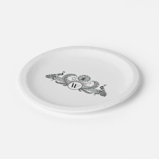 Monogramm Vintag Peacocks Pappteller (Schrägansicht)