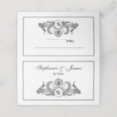 Monogramm Vintag Peacocks Platzkarte (Außenseite Aufgefaltet)