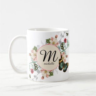 Monogramm Vintage-Blumen Botanicals Weiß Custom Kaffeetasse