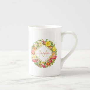 Monogramm Vintage-Blumenkranz China-Tasse Porzellantasse