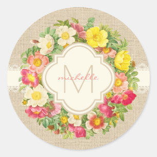 Monogramm Vintage-Blumenkranz Leinen-Rundaufkleber Runder Aufkleber