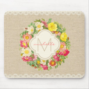 Monogramm Vintage-Blumenkranz Leinen-Spitze-Mauspa Mousepad