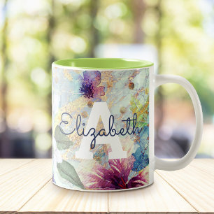 Monogramm Vintage-Blumenmuster grüne Wasserfarbe S Zweifarbige Tasse