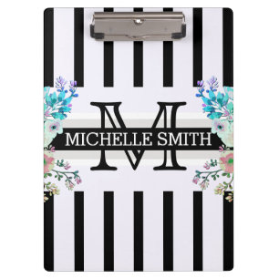 Monogramm Vintage-Blumenmuster Schwarze Streifen Klemmbrett