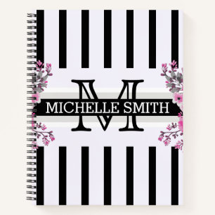 Monogramm Vintage-Blumenmuster schwarze Streifen Notizblock