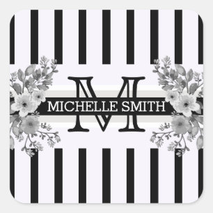Monogramm Vintage-Blumenmuster Schwarze Streifen Quadratischer Aufkleber