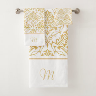 Monogramm Vintage Damasken (Gold und Weiß) 2 Badhandtuch Set