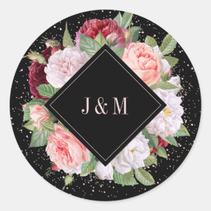 Monogramm Vintage Elegante Florale Rose Schwarze H Runder Aufkleber