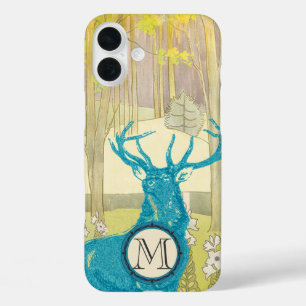 Monogramm Vintage-Hirsch Art Nouveau Wald iPhone 16 Plus Hülle