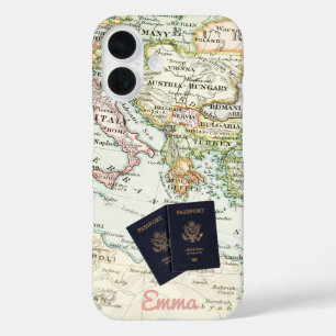 Monogramm Vintage Karte und Reisepass iPhone 16 Hülle