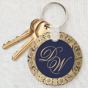 Monogramm Vintage Navy Blau Gold Rosen Kalligraphi Schlüsselanhänger