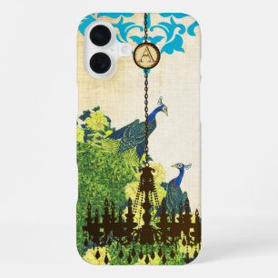 Monogramm Vintage Pfau Kronleuchter Damast iPhone 16 Plus Hülle