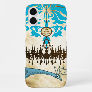 Monogramm Vintage-Pfauen-Kronleuchter Damast iPhone 16 Plus Hülle