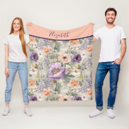 Monogramm Vintage Pfirsich Lila Blumen Shabby Chic Fleecedecke