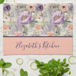 Monogramm Vintage-Pfirsich-Lila-Blumen-Shabby-Chic Geschirrtuch