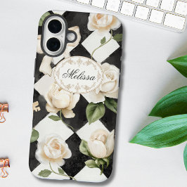 Monogramm Vintage Rose Blume Schwarz-weiß Diamond iPhone 16 Plus Hülle